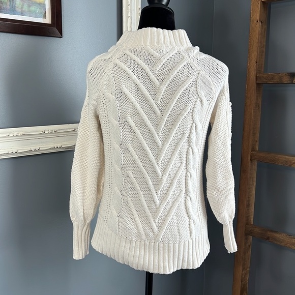 LOFT Women’s Ivory Mock Neck Bobble Pom Cable Knit Sweater Balloon Sleeve Small - Picture 6 of 6